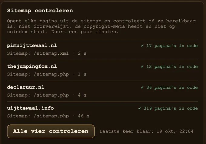 Resultaat van de sitemapcontrole: alle pagina's van de vier sites zijn in orde, uijttewaal.info telt 319 pagina's